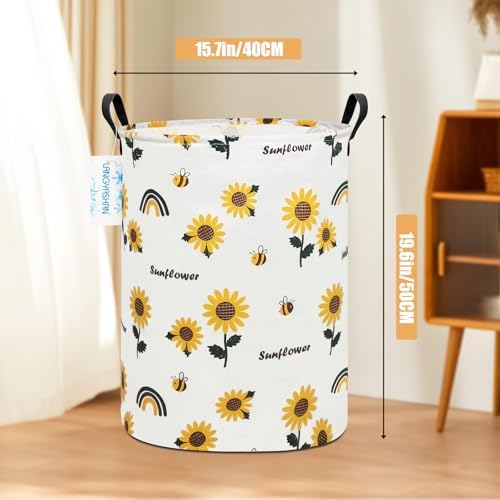 Round Laundry Basket Collapsible Storage Hamper Organizer Sunflower - Image 2
