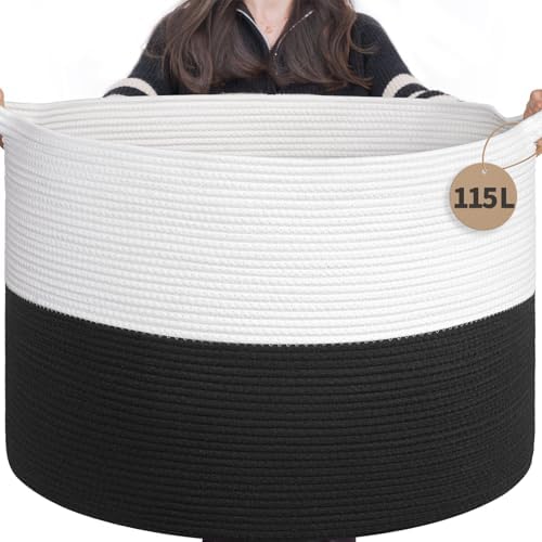 INDRESSME 115L Extra Large Woven Rope Blanket Basket Living Room WhiteBlack by INDRESSME