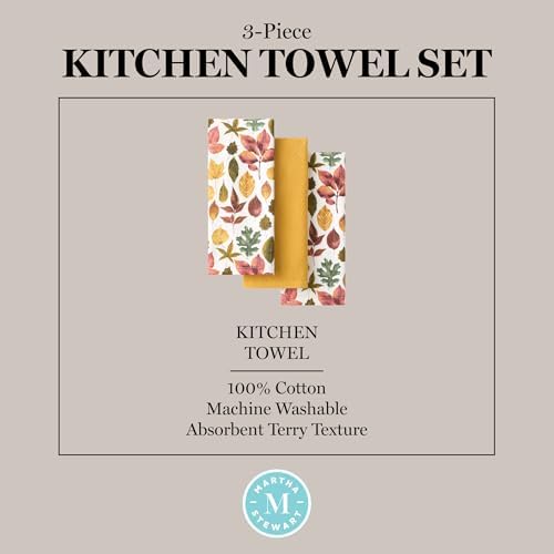 Martha Stewart Autumn Harvest Falling Leaves Kitchen Towel 3-Pack Set, 100% - Image 4