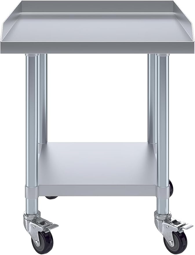 Stainless Steel Equipment Stand with Undershelf + Casters, Heavy Duty, Commercial Grade, NSF Certified (24" Width x 24" Length + Casters)