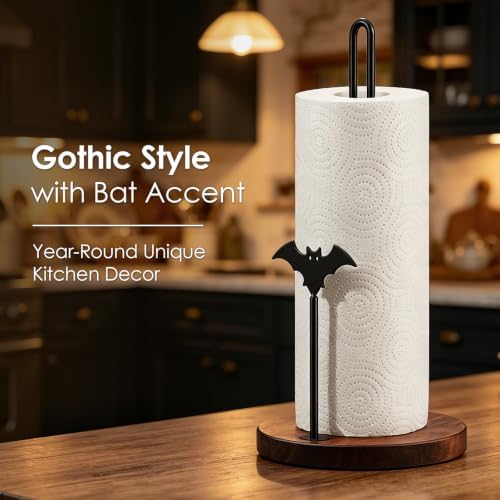 Wooden Paper Towel Holder Countertop, Gothic Iron Bat Decor Solid Wood Base - Image 2