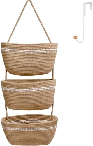 Over the Door Hanging Basket for Organizing 3 Tiers Woven Cotton Rope Wall by ililmmoe