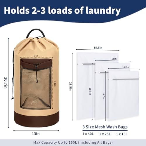 150L Laundry Bag Backpack with 3 Sizes Mesh Wash Bags and Shoulder Straps - Image 2