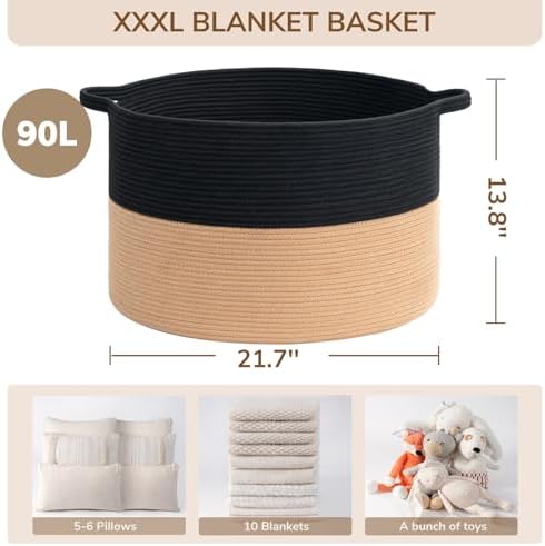 INDRESSME XXXLarge Woven Rope Blanket Basket Living Room Black Camel - Image 3