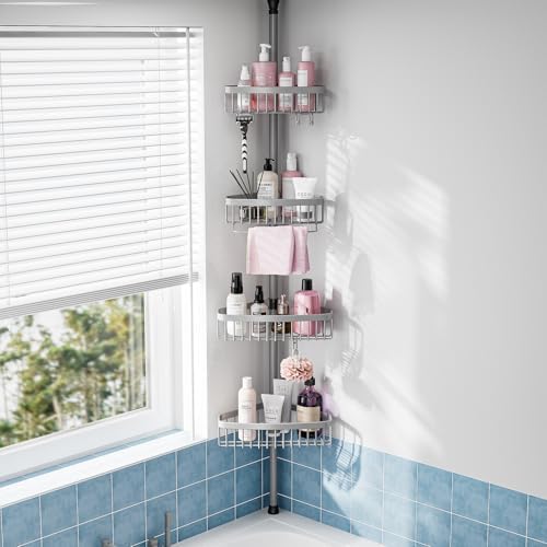 Corner Shower Caddy Tension Pole: Stainless Steel Rustproof 4-Tier Shower by ESSEMELLC