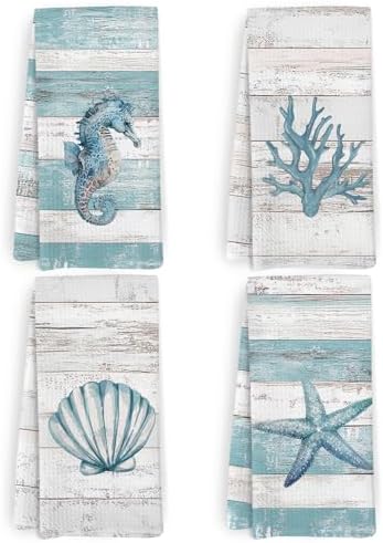 Beach Coastal Kitchen Towels and Dishcloths Set of 4, Lake House Nautical by HFXHANGD