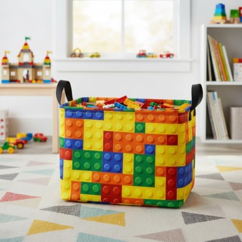 Colorful Building Blocks Print Storage Basket, Waterproof Lining Organizer Bins - Image 3