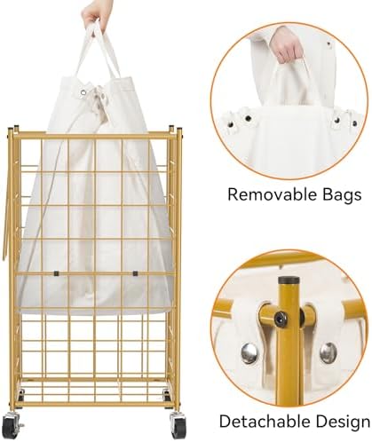 WOWLIVE Rolling Laundry Basket, Metal Wire Frame Laundry Hamper - Image 6
