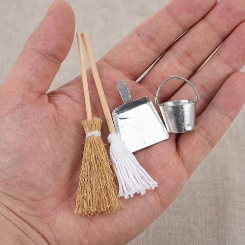 Abaodam Miniature Dollhouse Cleaning Set, Mini Mop Bucket Broom Dustpan Set - Image 6
