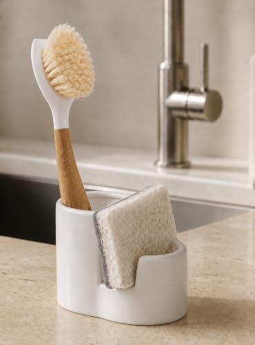 Ceramic Sponge Holder for Kitchen Sink, 2-in-1 Sponge & Brush Organizer by PREELELIVING