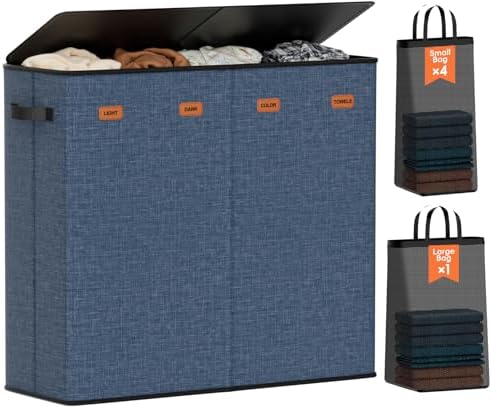 Laundry Hamper 4-Section with Lid, 185L Laundry Sorter with 4 Removable Bags + by Vexalora