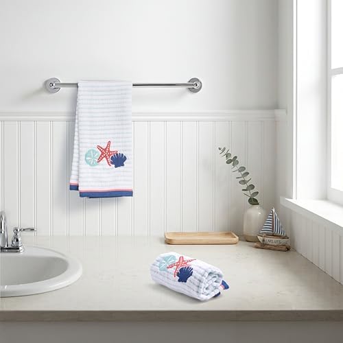 Ritz 2-Piece Cotton Velour Bathroom Hand Towel Set, Embroidered Seashell Trio - Image 4