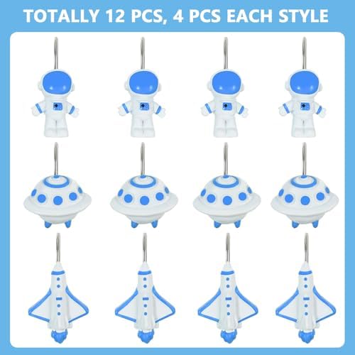 12-Piece Outer Space Galaxy Rocket Planet Shower Curtain Hooks - Image 4