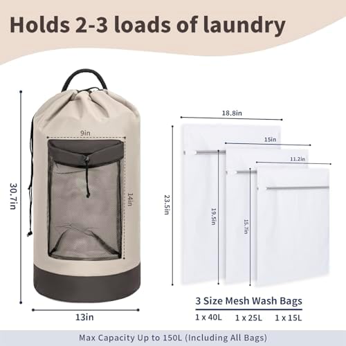 150L Laundry Bag Backpack with 3 Sizes Mesh Wash Bags and Shoulder Straps - Image 2
