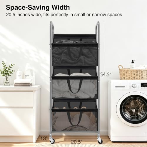 STO STO 3-Tier Vertical Rolling Laundry Hamper, Removable Bags - Image 3