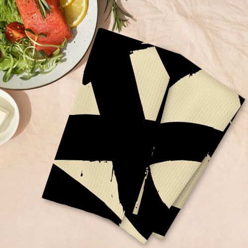 Beige and Black Abstract Kitchen Towels, Mid Century Modern Neutral Hand Towels - Image 4