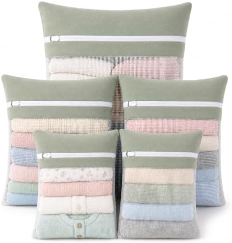Green 5-piece set in bags, durable cotton mesh laundry bags, sturdy zipper by NAHADS