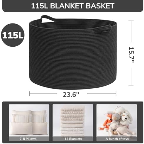 INDRESSME 115L Extra Large Woven Rope Blanket Basket Living Room - Image 2