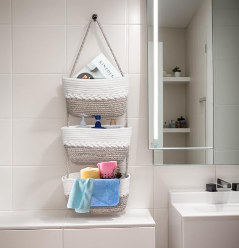 Over the Door Hanging Basket for Organizing 3 Tiers Woven Cotton Rope Wall - Image 2