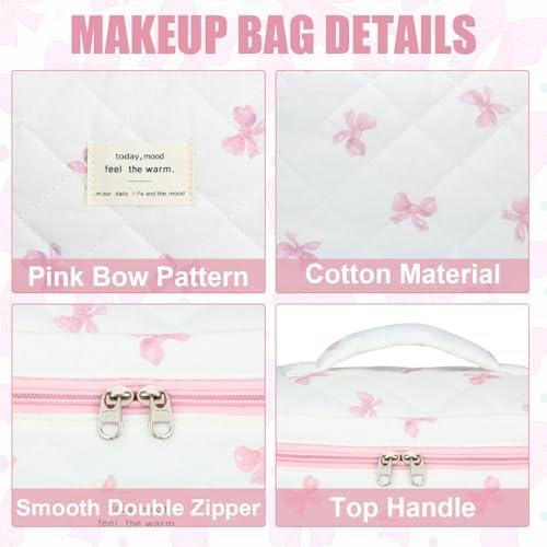 BuyCard Quilted Makeup Bag Set, CuteFloral Cotton Coquette Makeup Bag Toiletry - Image 3