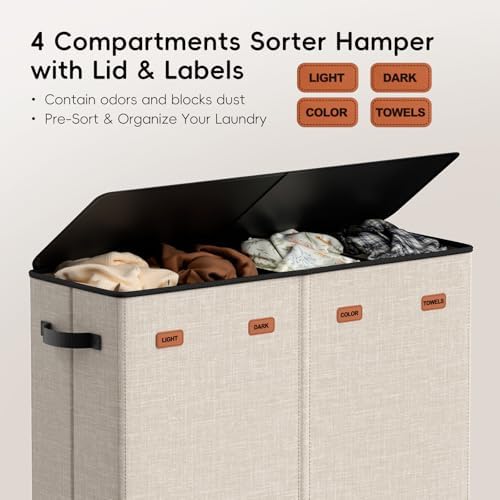 Laundry Hamper 4-Section with Lid, 185L Laundry Sorter with 4 Removable Bags + - Image 4