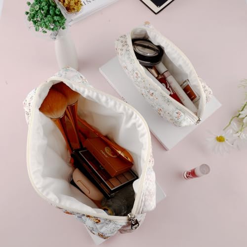 2Pcs Quilted Cotton Makeup Bag Large Travel Makeup Pouch Small Brush Holder Set - Image 6