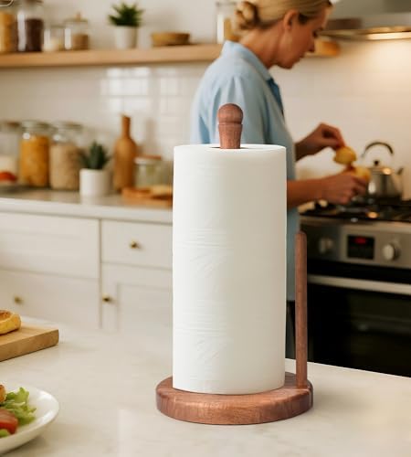 Farmhouse Acacia Wood Paper Towel Holder Countertop, Weighted Base - Image 7