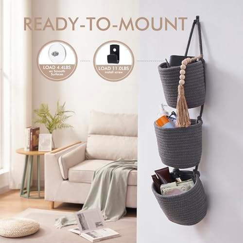 LIGHT DUST Wall Hanging Rope Baskets 3-Tier Boho Organizers - Image 5