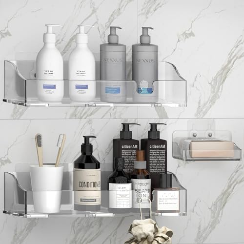 Clear Acrylic Shower Shelves, Adhesive Bathroom Caddy Organizer by YAWSOUP