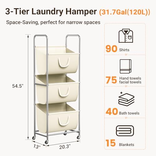 ELYKEN 3-Tier Vertical Rolling Laundry Hamper - Image 3