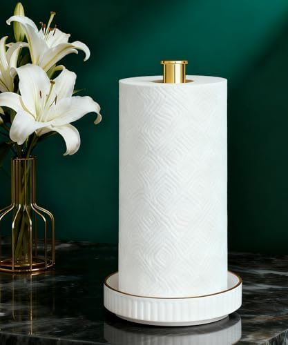 Paper Towel Holder, Ceramic Heavy Plate Base Wobble-Free, Roll Stand-Gold - Image 5