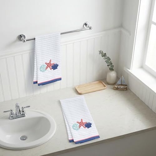 Ritz 2-Piece Cotton Velour Bathroom Hand Towel Set, Embroidered Seashell Trio - Image 5