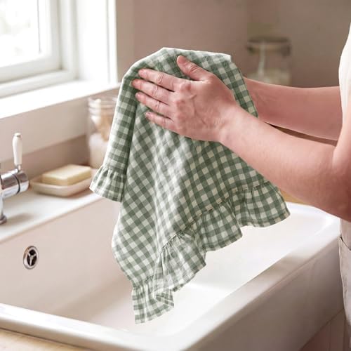 HunnmingRe 2 Pcs Green Gingham Kitchen Towels Cotton Ruffled - Image 4