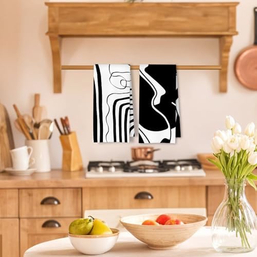 Abstract Black and White Kitchen Towels Set of 2, Modern Minimalist Wavy Line - Image 2