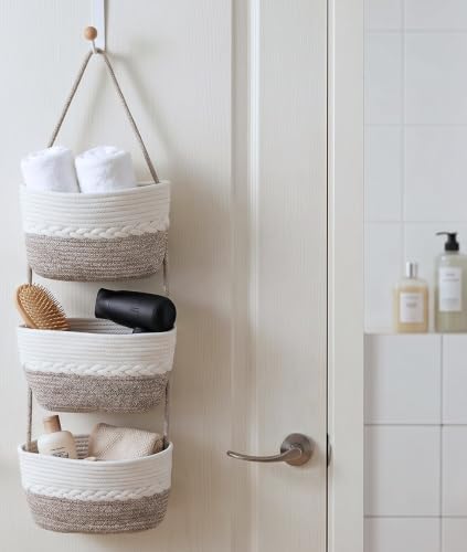 Over the Door Hanging Basket for Organizing 3 Tiers Woven Cotton Rope Wall - Image 4