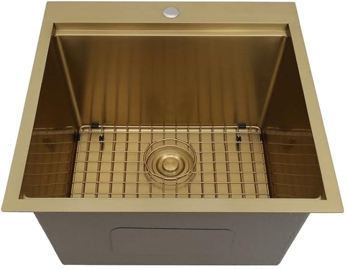 STARSTAR Workstation Ledge Topmount/Drop-in Single Bowl Satin Matte 304 Stainless Steel Kitchen/Yard/Bar/Laundry/Office Sink, With Grid, Colander, Cutting Board, Strainer (22x22x12 Gold)