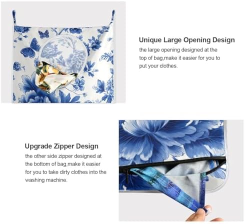 Blue and White Peony Flowers Butterfly Hanging Laundry Hamper Door Hampers Bag - Image 4