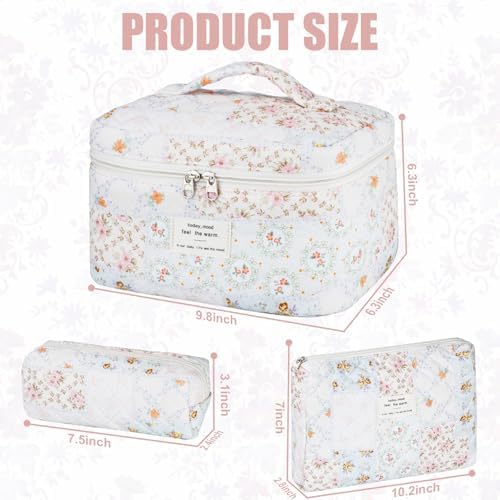 BuyCard Quilted Makeup Bag Set, CuteFloral Cotton Coquette Makeup Bag Toiletry - Image 2
