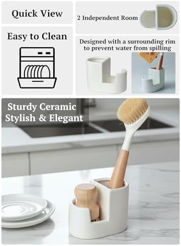 Ceramic Sponge Holder for Kitchen Sink, 2-in-1 Sponge & Brush Organizer - Image 4