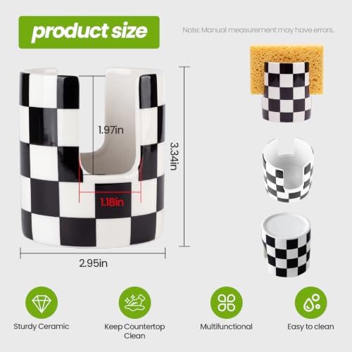 Kitchen Sink Sponge Holder, Checkered Dish Sponge Rack Ceramic Brush Holder - Image 2