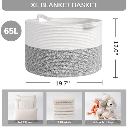 INDRESSME Large Woven Rope Blanket Basket Living Room Light Grey - Image 2