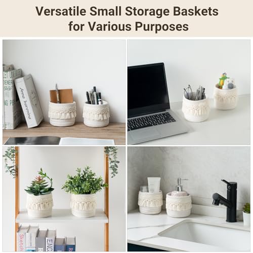 Mkono Macrame Makeup Brush Holder, Boho Mini Storage Basket Set of 2 Ivory - Image 4