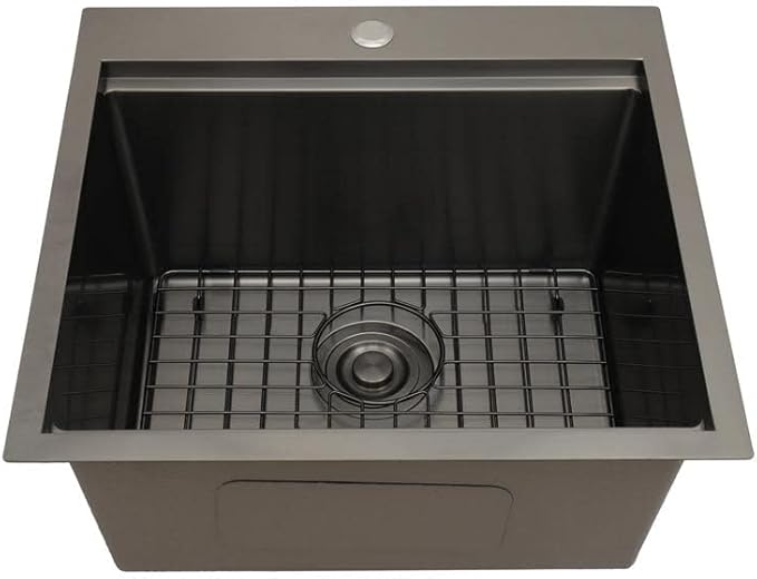 STARSTAR Workstation Ledge Topmount/Drop-in Single Bowl Satin Matte 304 Stainless Steel Kitchen/Yard/Bar/Laundry/Office Sink, With Grid, Colander, Cutting Board, Strainer (25x22x10 Black)