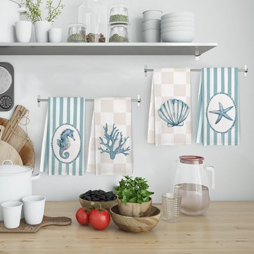 Coastal Beach Kitchen Towels and Dishcloths Set of 4, Beachy Striped Checkered - Image 2