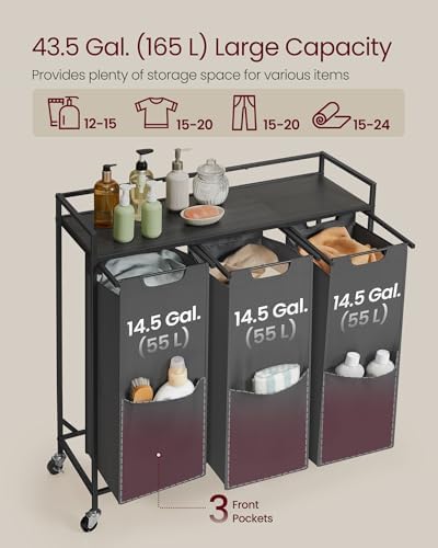 VASAGLE Laundry Sorter 3 Section, Rolling Cart - Image 3