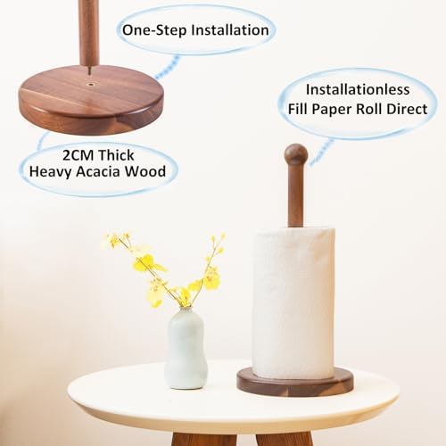 14" Acacia Wooden Paper Towel Holder, 6.7" Large Heavy Base Wooden Kitchen - Image 3