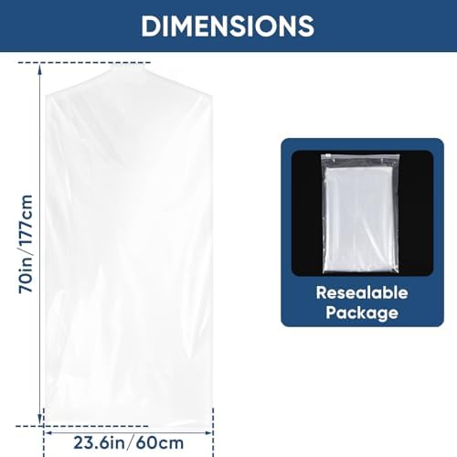 50 Pack 23.6"x70" Garment Bags for Hanging Clothes, Thick Clear Plastic Dry - Image 2