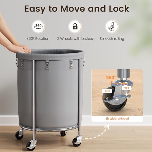 ELYKEN Laundry Basket with Wheels, Round Rolling Laundry Hamper - Image 5