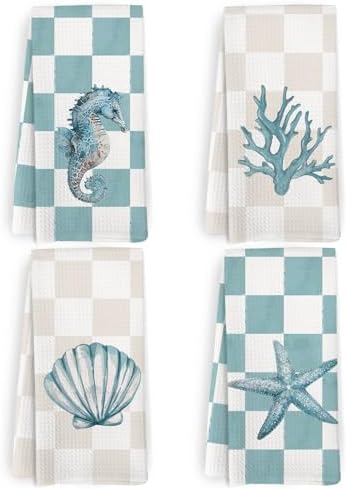 Coastal Beach Kitchen Towels and Dishcloths Set of 4, Preppy Beachy Seahorse by HFXHANGD