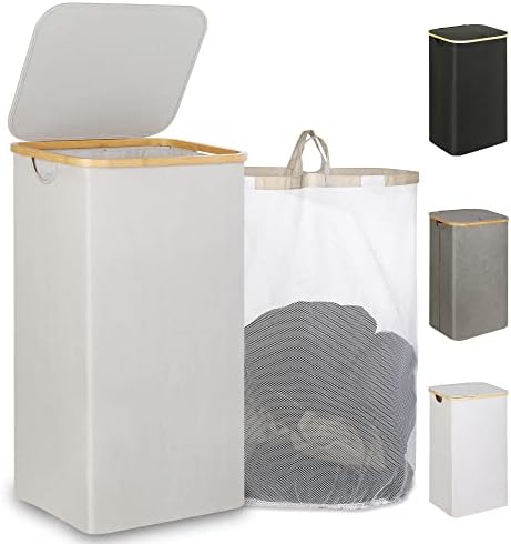 IEGrow Laundry Hamper with Lid, 110L Laundry Basket with Mesh Bag, Light Grey by iEGrow